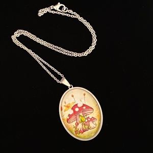Spotted Mushroom glass and stainless steel necklace fairy core
